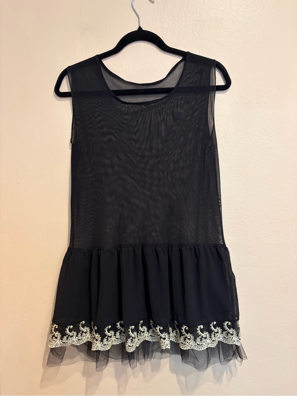 Black Sheer Peplum Tank w/ Organza and Gold Lace Ruffle Trim, Layering Accent